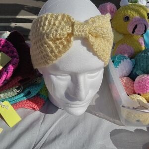Handcrafted adult sized pastel yellow bow earwarmer headband